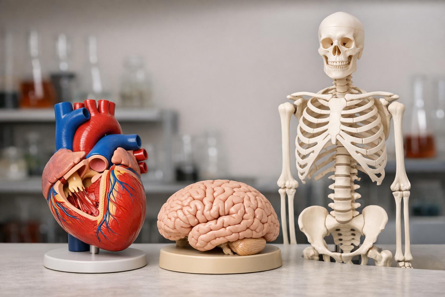 Zdjęcie przedstawiające zestaw modeli anatomicznych: serce, mózg i model szkieletu