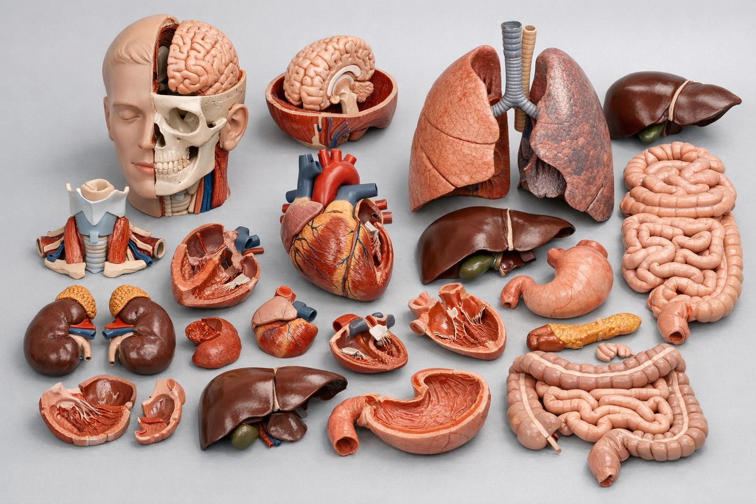 Zestaw anatomicznych modeli narządów ludzkich ukazujący demontaż