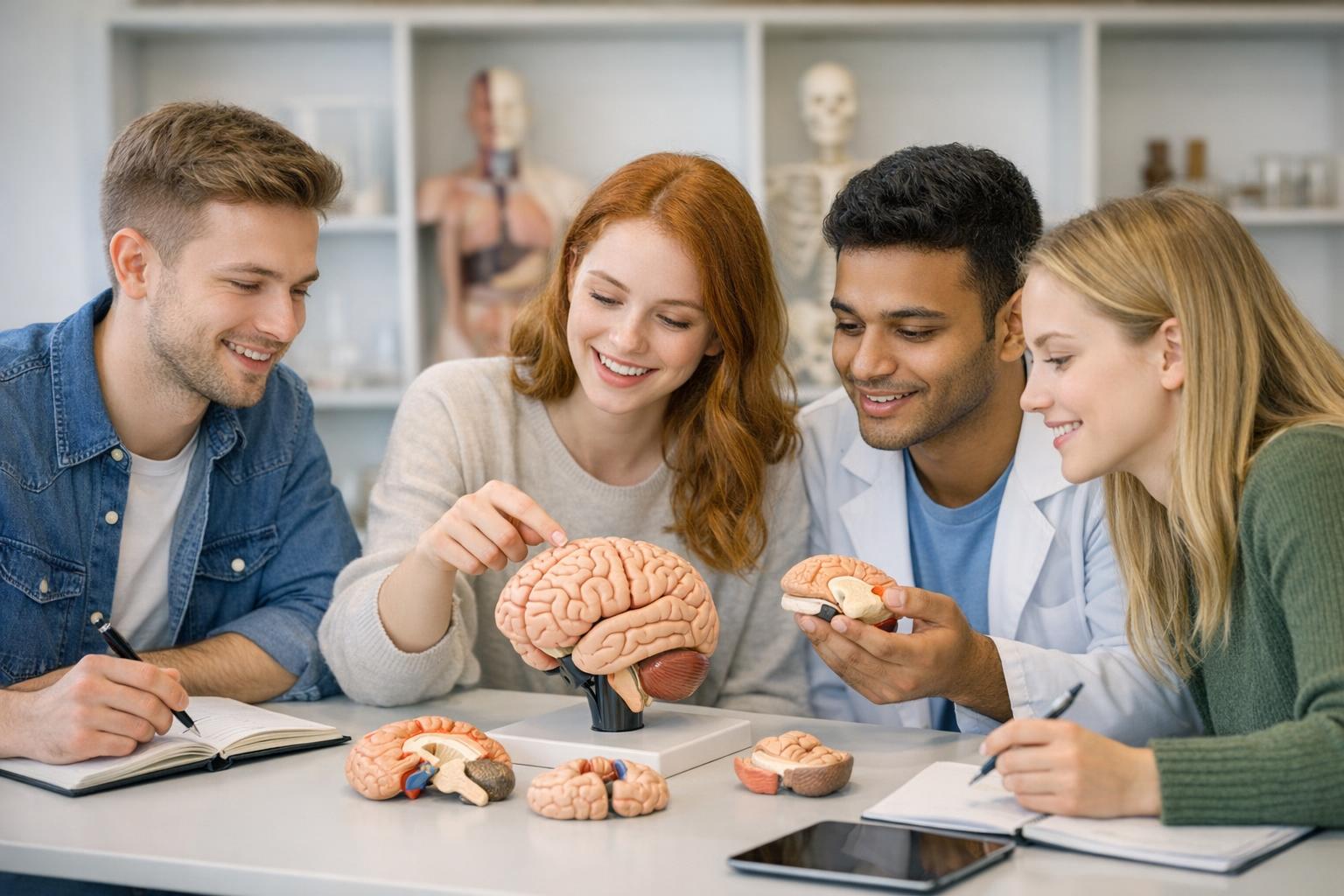 Zdjęcie grupy studentów pracujących z modelem anatomicznym mózgu